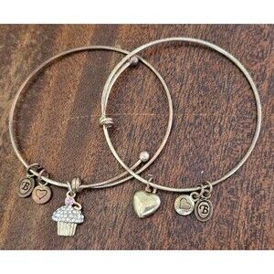 Lot of 2 Brass Tone Brighton Charm Bracelets - Cupcake, Heart